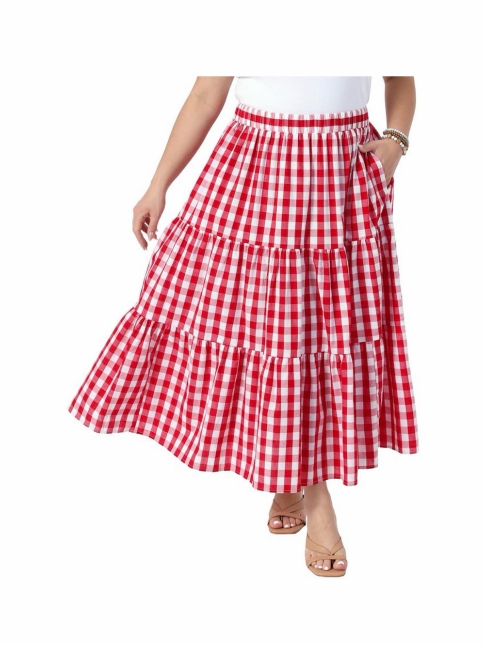 Red & White Gingham Tiered Skirt with Pockets - 3X